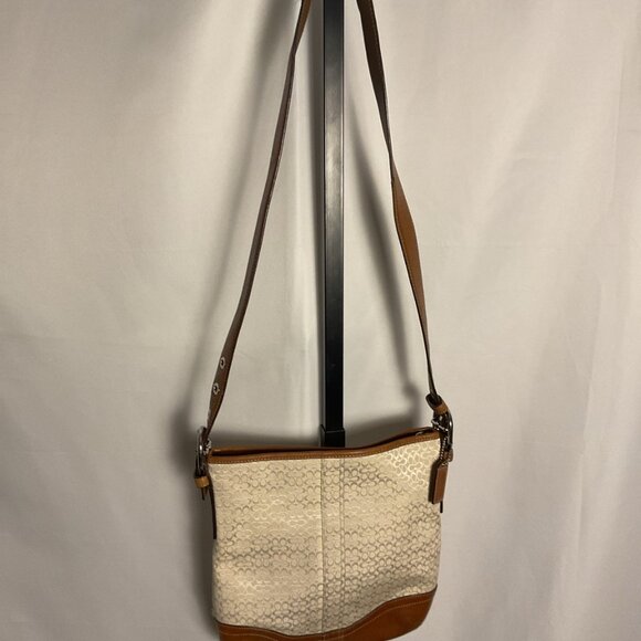 Coach Signature Canvas Crossbody Bag Tan Leather Trim Adjustable Strap - Picture 4 of 9